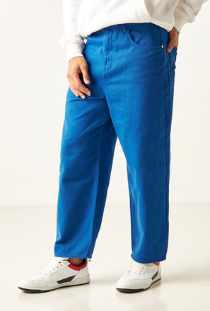 Solid Mid-Rise Baggy Jeans with Button Closure and Pockets