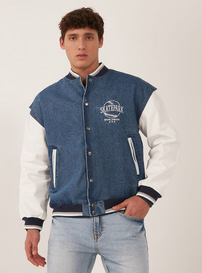 Printed Denim Bomber Trucker Jacket with Long Sleeves and Pockets