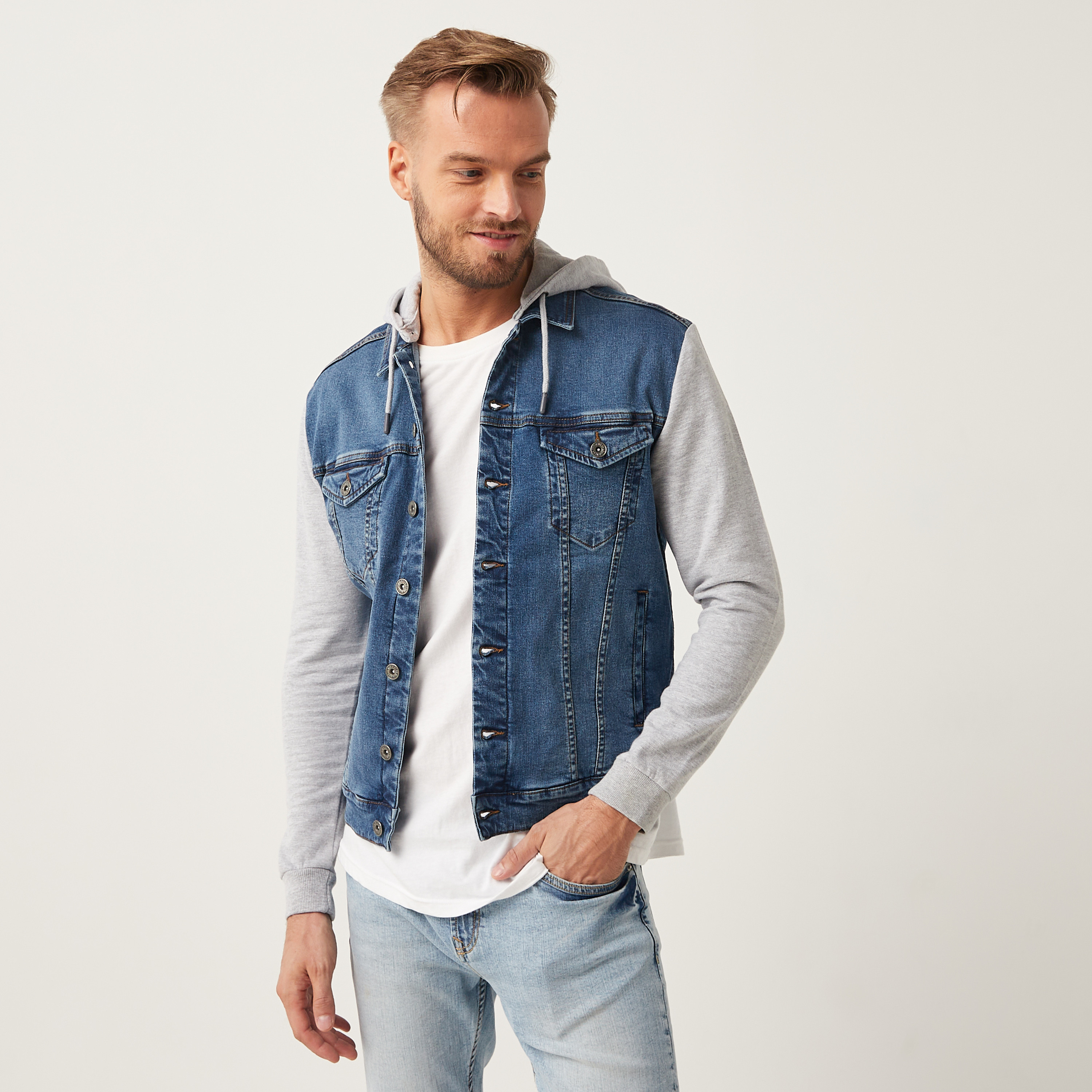 Jean jacket sale with hoodie sleeves