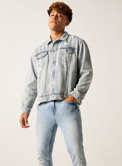 Distressed Trucker Jacket with Pockets and Long Sleeves