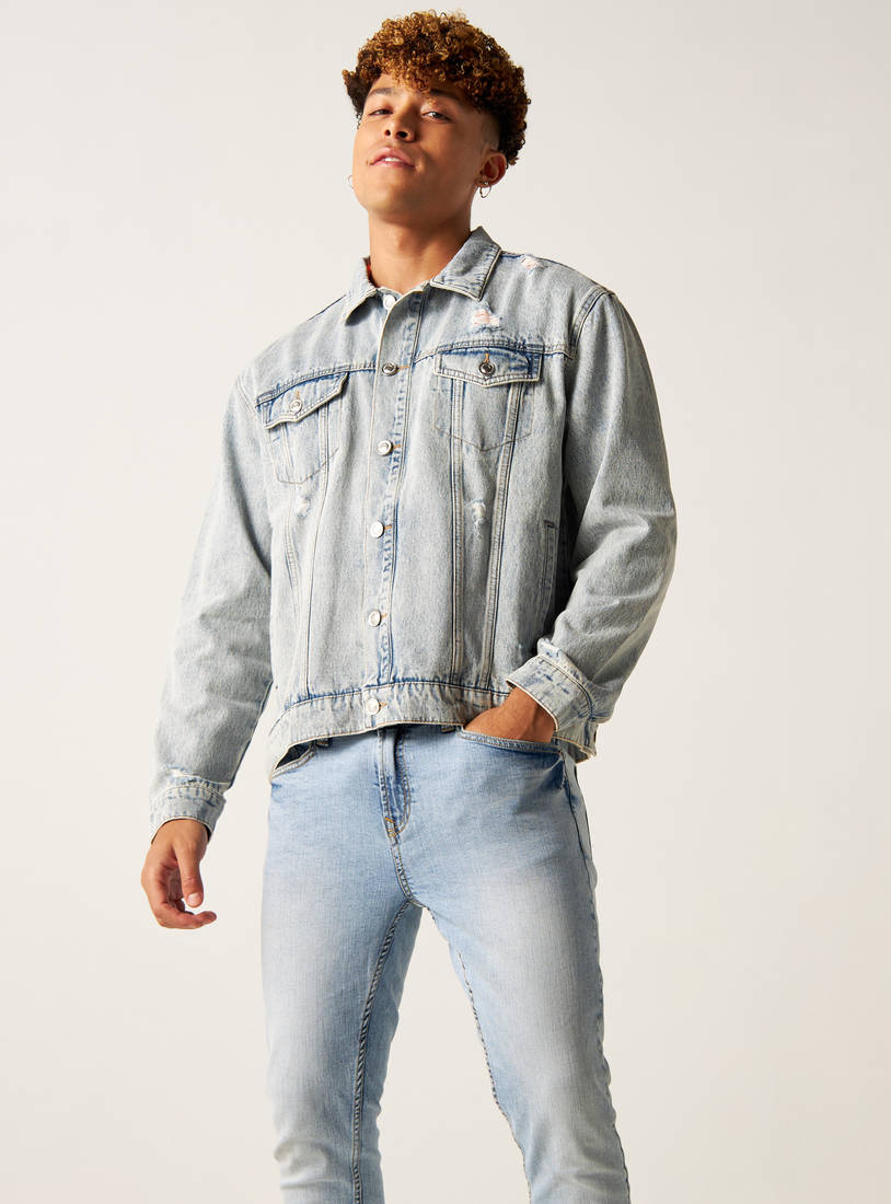 Distressed Trucker Jacket with Pockets and Long Sleeves-Jackets-image-1