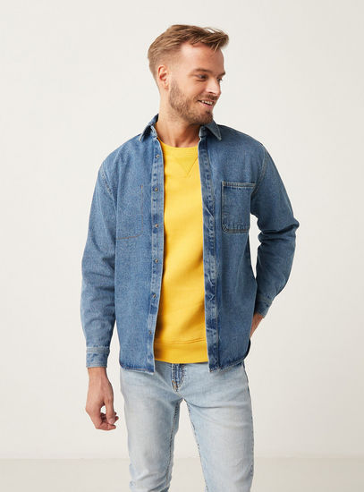 Solid Denim Trucker Jacket with Collar and Long Sleeves