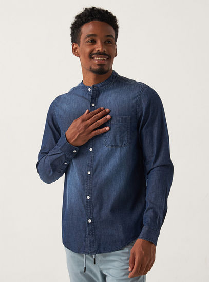 Solid Long Sleeves Denim Shirt with Mandarin Collar-Shirts-image-0