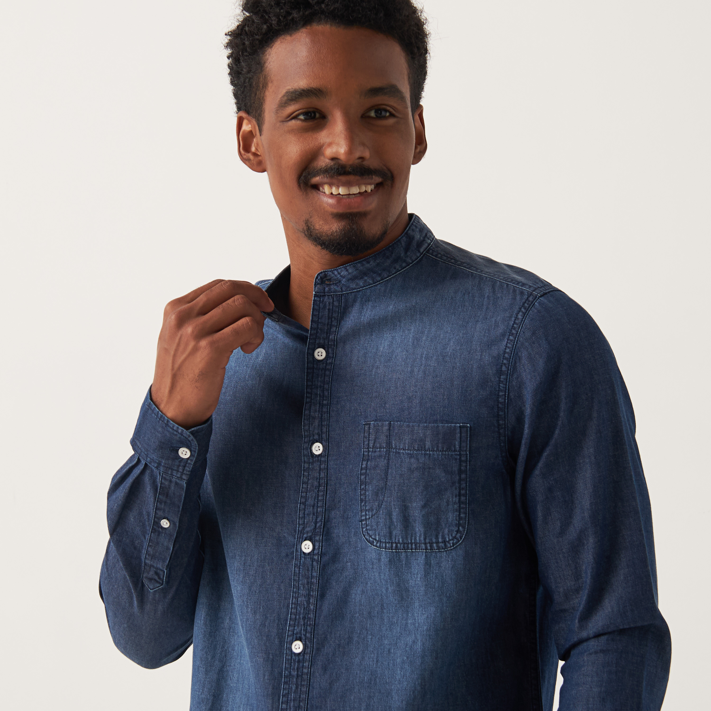 Men's Organic Cotton Chambray Grandad Shirt in Chambray Blue | Superdry US