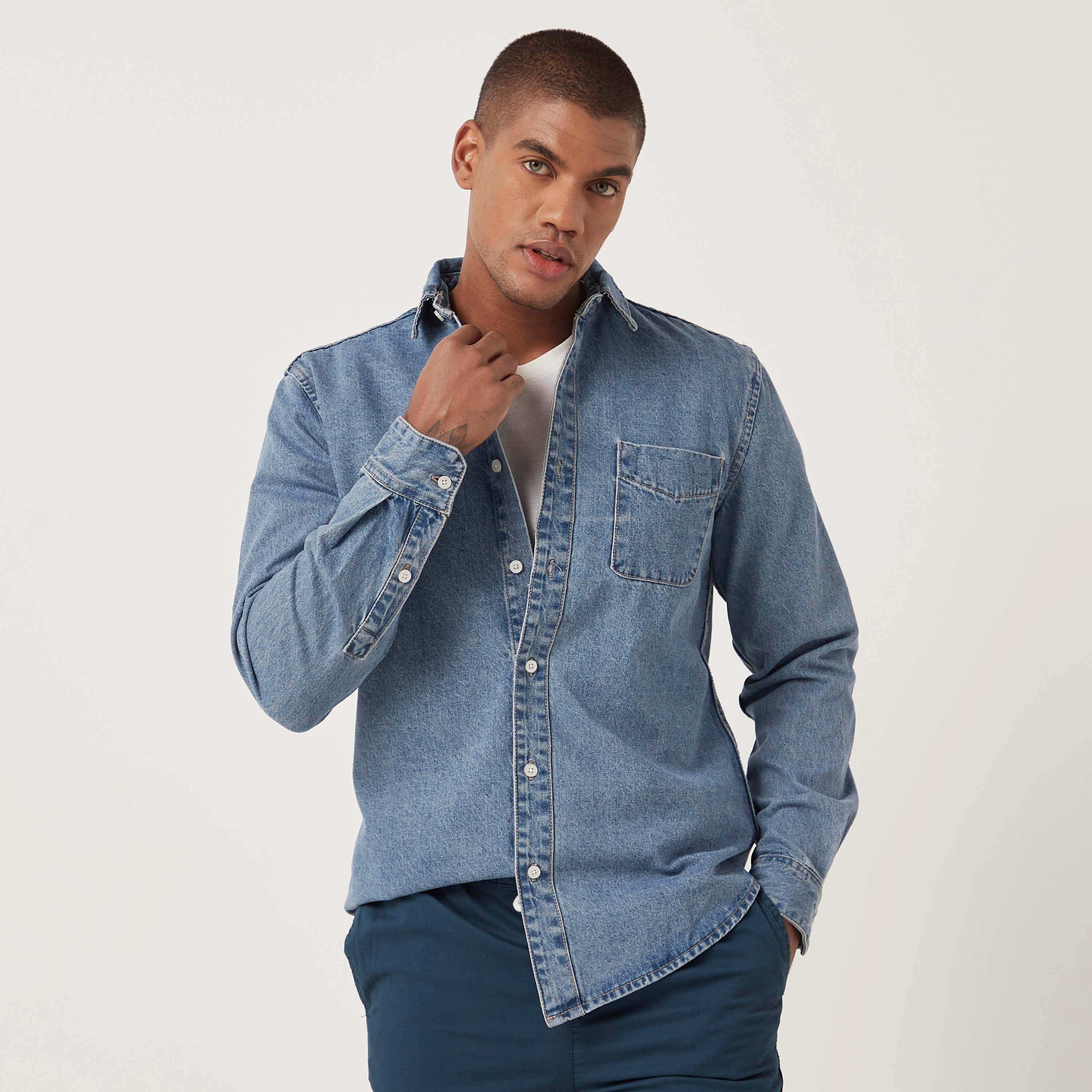 Blue denim hot sale dress shirt mens