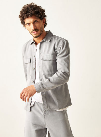 Solid Collar Denim Shirt with Long Sleeves and Pocket