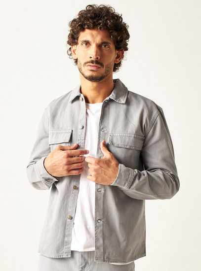 Solid Collar Denim Shirt with Long Sleeves and Pocket