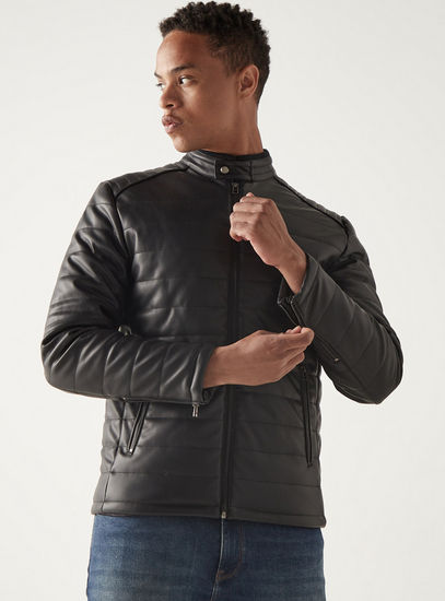 Solid Padded Biker Jacket with Zip Closure and Pockets-Jackets-image-1
