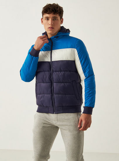 Colourblock Hooded Puffer Jacket with Long Sleeves and Pockets-Jackets-image-0