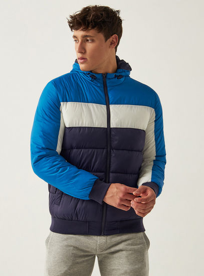Colourblock Hooded Puffer Jacket with Long Sleeves and Pockets