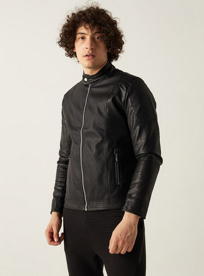 Panelled Biker Jacket with Long Sleeves and Zip Closure-Jackets-image-0