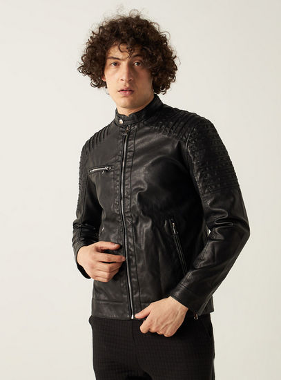 Solid Biker Jacket with Shoulder Detail and Zip Closure-Jackets-image-1