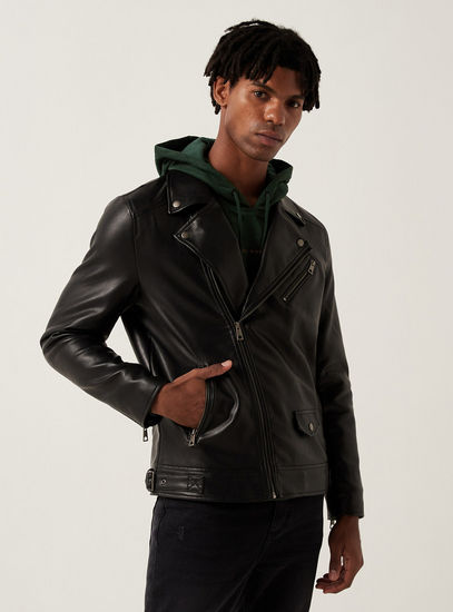 Solid Biker Jacket with Zip Closure and Pockets-Jackets-image-0