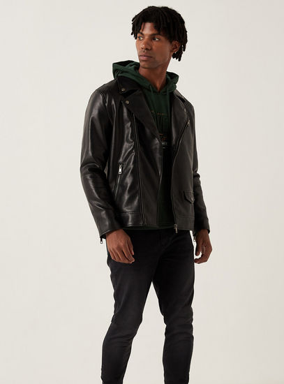 Solid Biker Jacket with Zip Closure and Pockets-Jackets-image-1
