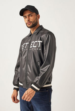 Typographic Detail Zipper Jacket with Pockets and Long Sleeves