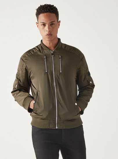Solid Zip Through Bomber Jacket with Long Sleeves and Pockets