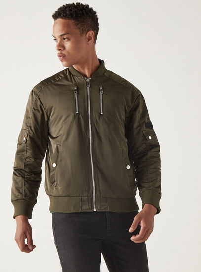 Solid Zip Through Bomber Jacket with Long Sleeves and Pockets