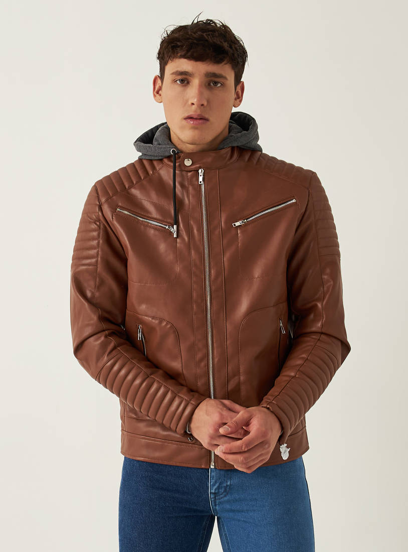 Solid Biker Jacket with Zip Closure and Pockets-Jackets-image-0