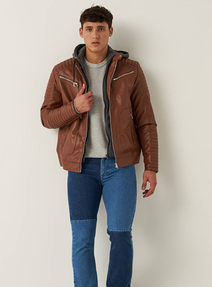 Solid Biker Jacket with Zip Closure and Pockets-Jackets-image-1