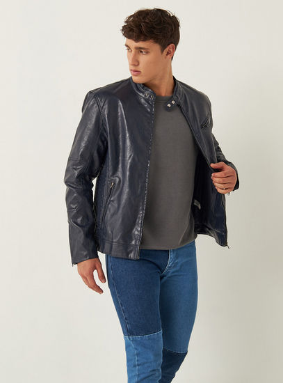 Quilted Zip Through Biker Jacket with Long Sleeves and Pockets