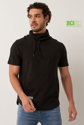 Textured BCI Cotton T-shirt with Hood and Kangaroo Pocket