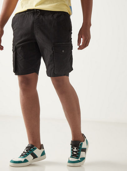 Solid Mid-Rise Shorts with Drawstring Closure and Pockets-Shorts-image-0