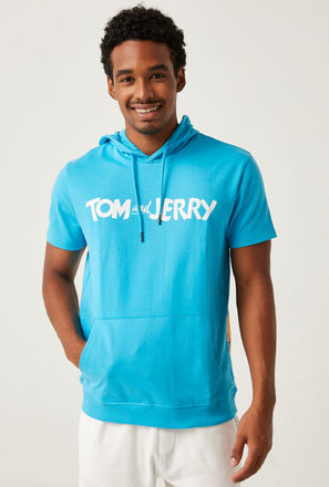 Tom and Jerry Print Hooded T-shirt with Short Sleeves and Kangaroo Pockets