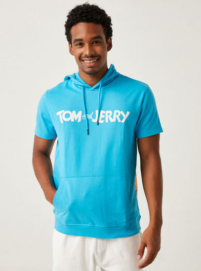 Tom and Jerry Print Hooded T-shirt with Short Sleeves and Kangaroo Pockets