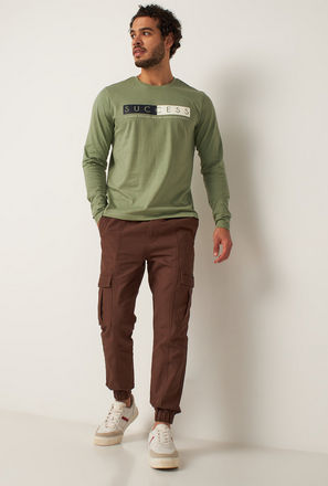 Solid Cargo Joggers with Panel Detail and Drawstring Closure