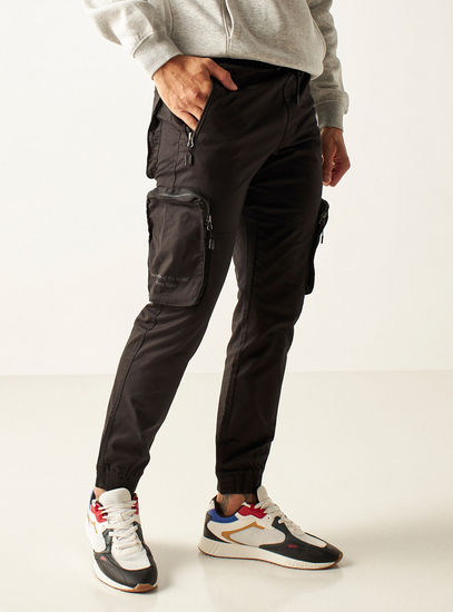 Solid Mid-Rise Cargo Joggers with Drawstring Closure