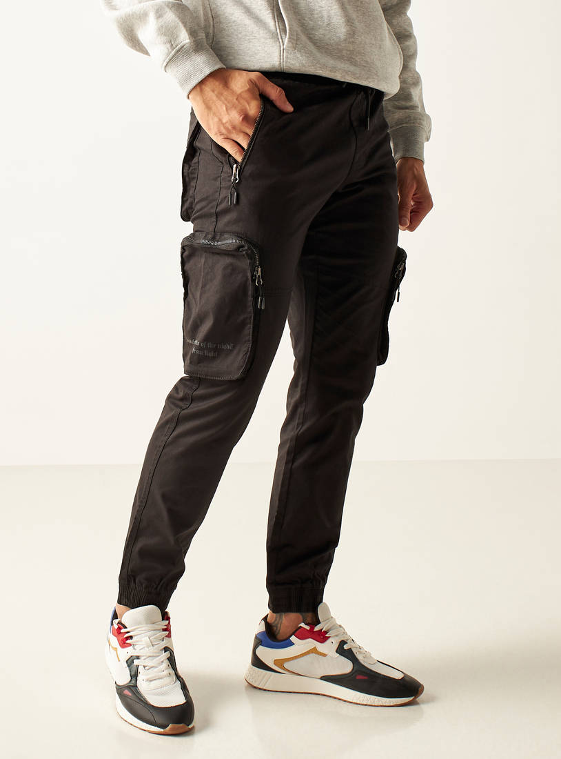 Solid Mid-Rise Cargo Joggers with Drawstring Closure-Joggers-image-0