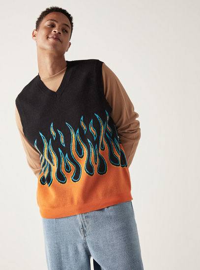 Flames Print V-neck Sweater Vest