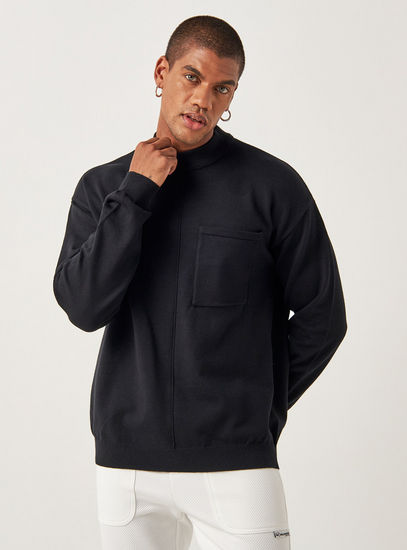 Solid Loose Fit Sweater with Pocket and Ribbed Neck