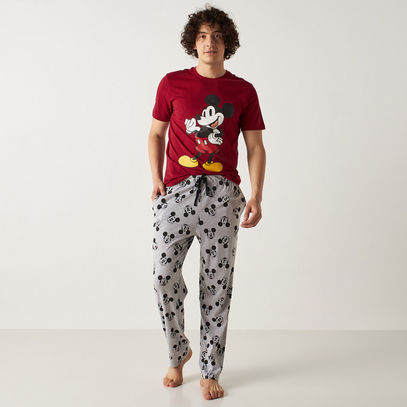 Mickey Mouse Print Round Neck T-shirt and Pyjamas Set