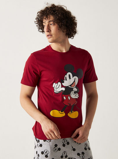 Mickey Mouse Print Round Neck T-shirt and Pyjamas Set