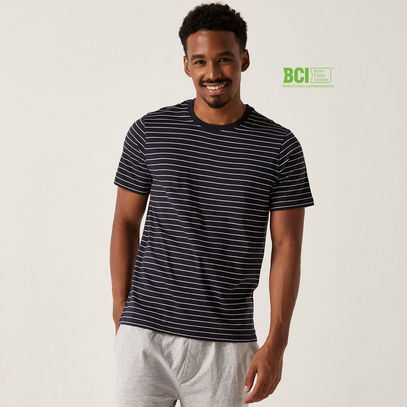 Striped Round Neck BCI Cotton T-shirt with Short Sleeves
