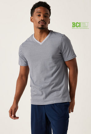 Striped V-neck BCI Cotton T-shirt with Short Sleeves
