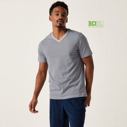 Striped V-neck BCI Cotton T-shirt with Short Sleeves