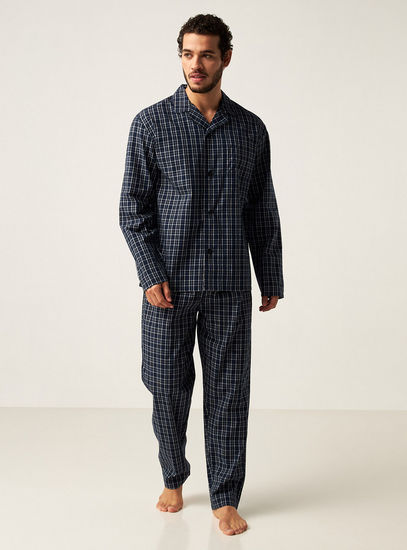 Checked Woven Shirt with Notch Collar and Pyjama Set