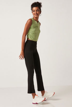 Solid High-Rise Flared Leg Leggings with Elasticated Waistband