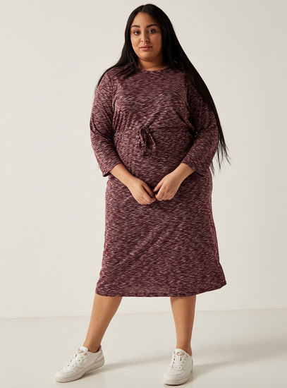 All-Over Print Dress with 3/4 Sleeves and Drawstring Waist-Midi-image-1
