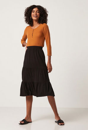 Solid Tiered Midi Skirt with Elasticated Waistband