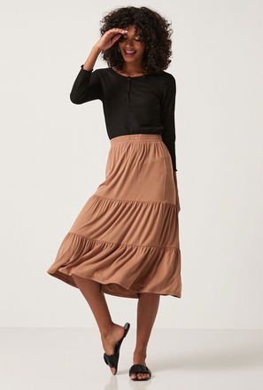 Solid Tiered Midi Skirt with Elasticated Waistband