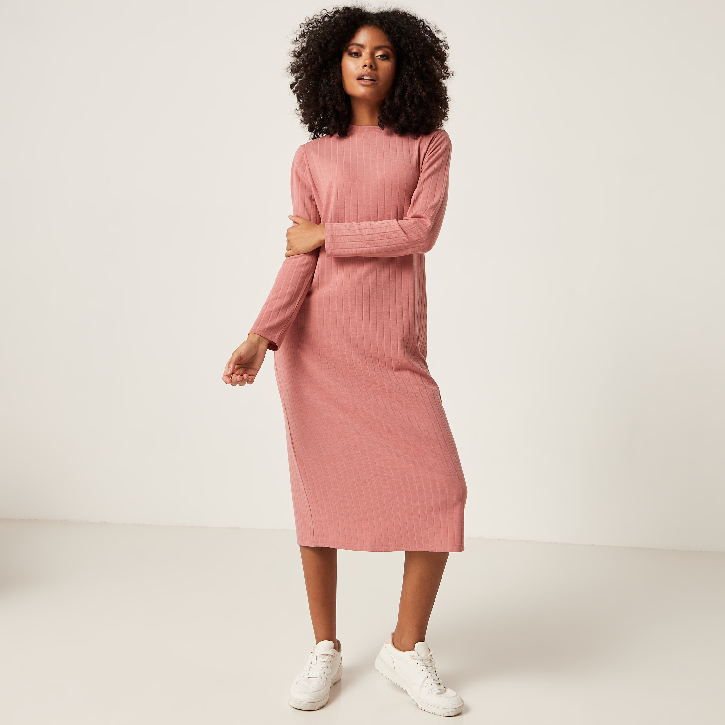 Pink ribbed hotsell midi dress