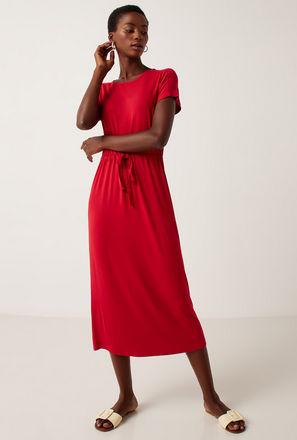 Solid Round Neck Midi Dress with Short Sleeves and Drawstring Waist