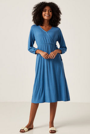 Dot Print Midi Length Wrap Dress with 3/4 Sleeves and Tie-Up Detail