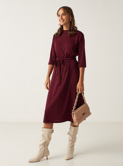Ribbed High Neck Dress with 3/4 Sleeves and Tie-Up Belt-Midi-image-0