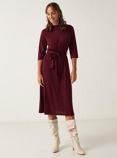Ribbed High Neck Dress with 3/4 Sleeves and Tie-Up Belt-Midi-image-1