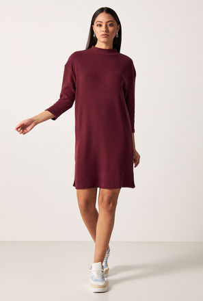 Solid Mini Dress with Turtle Neck and 3/4 Sleeves