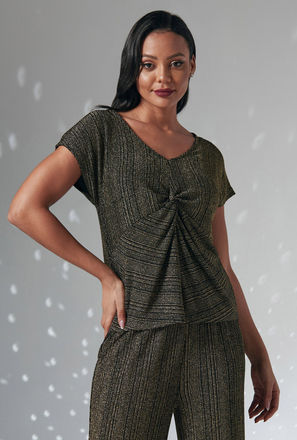 Textured Lurex V-neck Top with Cap Sleeves and Front Twist Detail